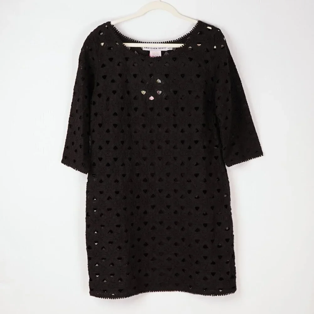 Gretchen Scott Pizelle Dress 3/4 Sleeve Eyelet Lace Black - Large